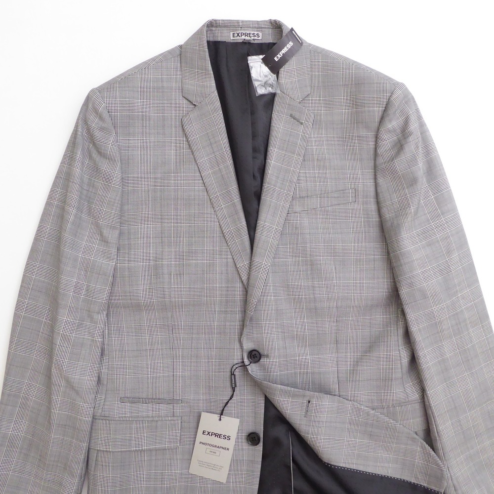 Express Mens Suit Jacket Gray Glen Plaid Wool Blend Photographer Fitted 42L